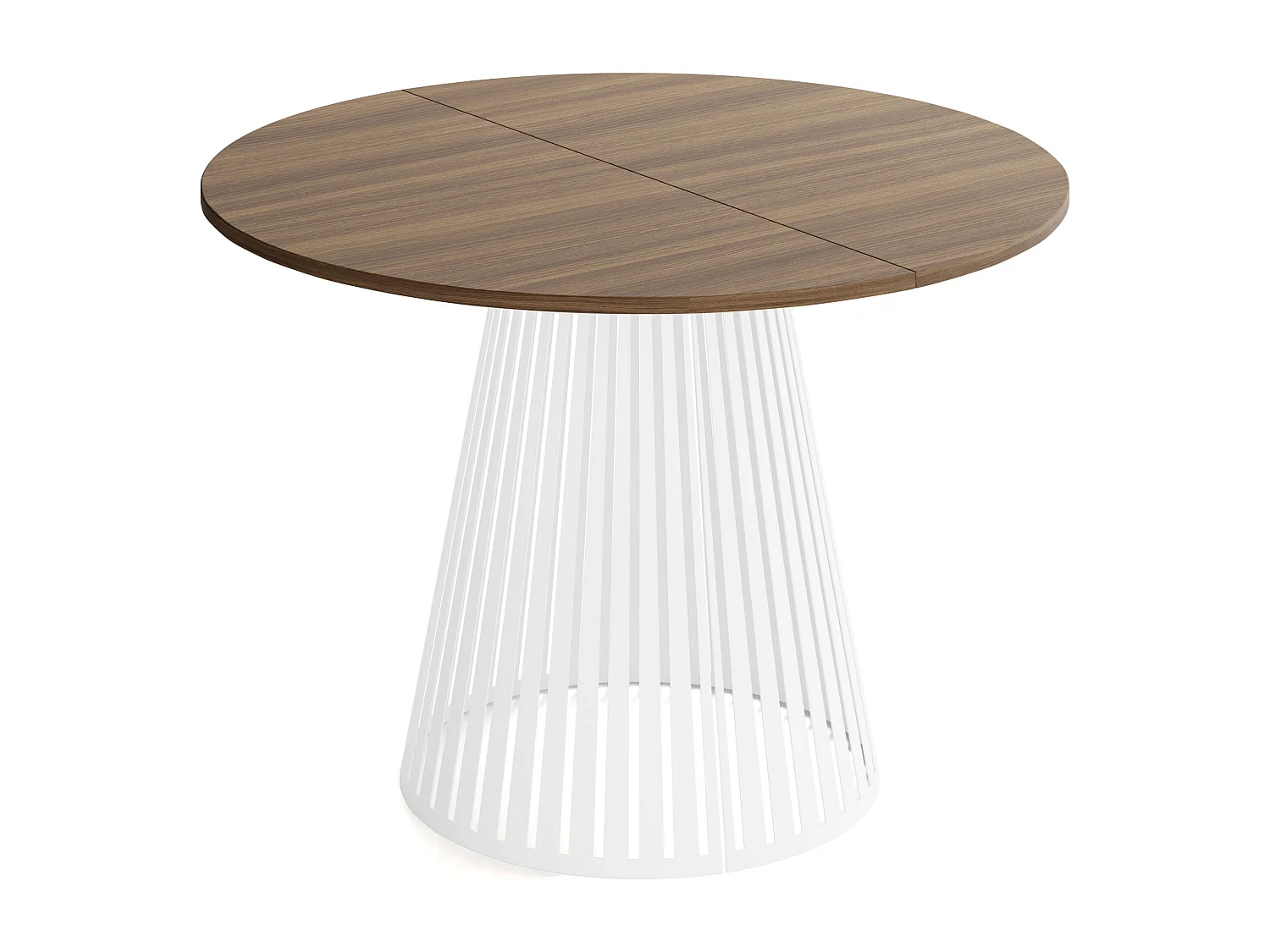 Esstisch Rund Ausziehbar mit Lamellen im Loft-Stil – 120 cm – Industrieller Tisch mit Weißen Metallbeinen, Platzsparend für Wohnzimmer – Walnuss Braun