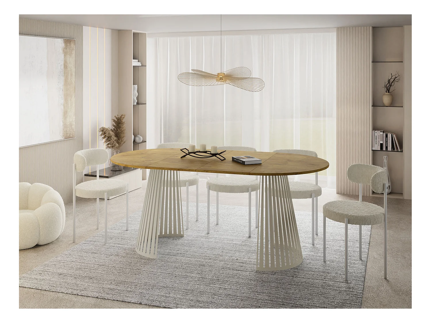 Esstisch Rund Ausziehbar mit Lamellen im Loft-Stil – 120 cm – Industrieller Tisch mit Metallbeinen in Beige Cashmere, Platzsparend für Wohnzimmer Esszimmer – Braun