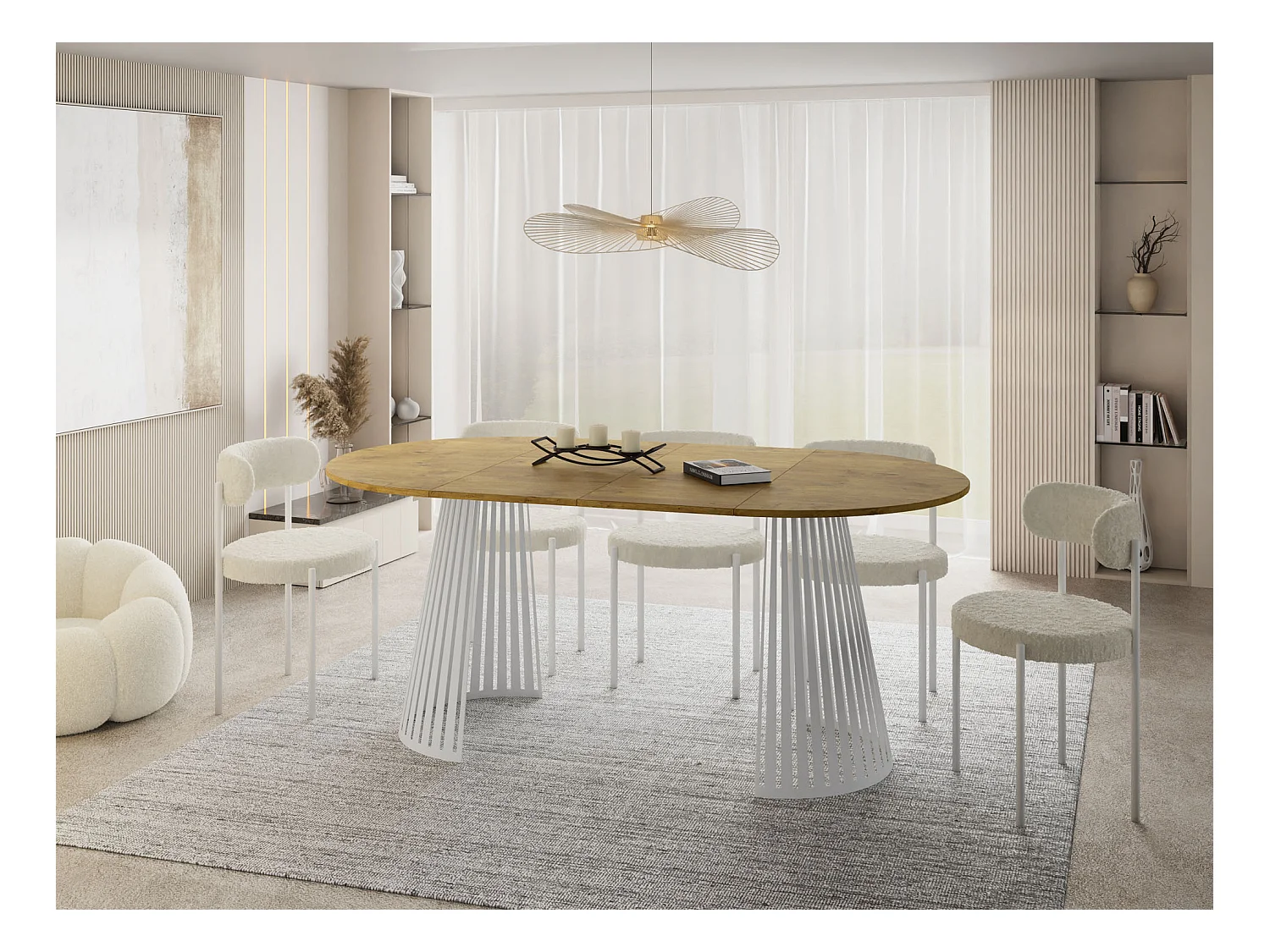 Esstisch Rund Ausziehbar mit Lamellen im Loft-Stil – 100 cm – Industrieller Tisch mit Weißen Metallbeinen, Platzsparend für Wohnzimmer Esszimmer – Braun