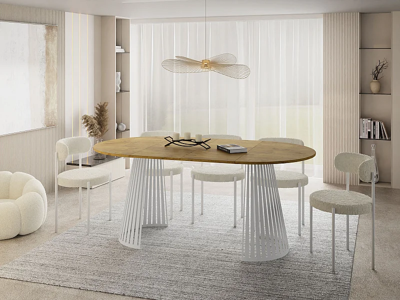 Table à Manger Ronde Extensible Style Loft – 100 à 180 cm – Design Industriel avec Pieds en Métal Blanc, Gain de Place pour Salon ou Salle à Manger – Marron