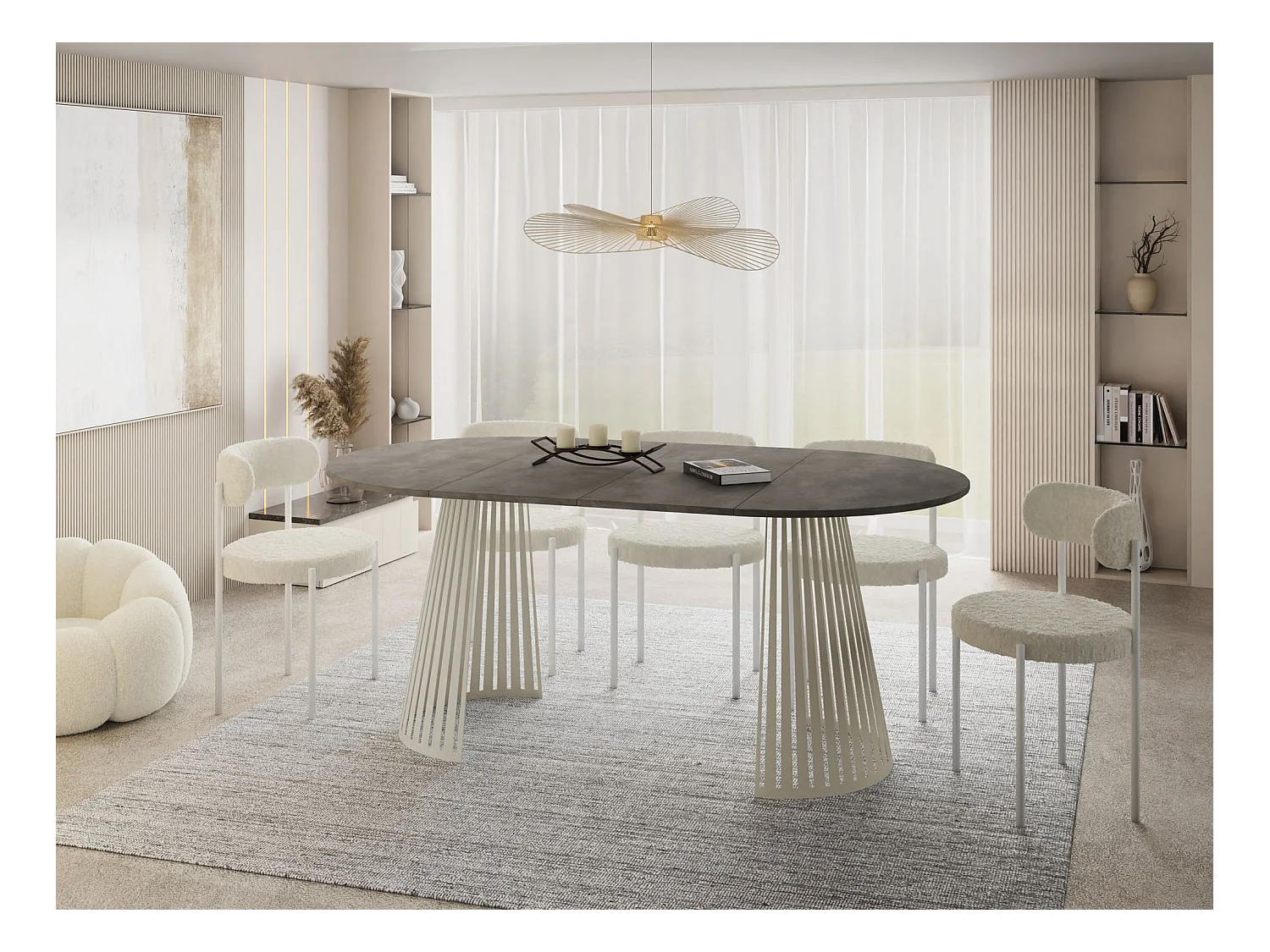 Esstisch Rund Ausziehbar mit Lamellen im Loft-Stil – 100 cm – Industrieller Tisch mit Metallbeinen in Beige Cashmere, Platzsparend – Beton-Optik Dunkelgrau