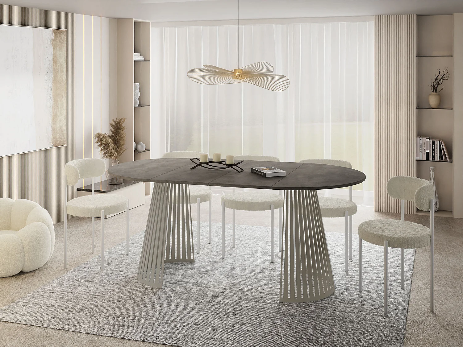 Esstisch Rund Ausziehbar mit Lamellen im Loft-Stil – 100 cm – Industrieller Tisch mit Metallbeinen in Grau-Beige, Platzsparend – Beton-Optik Dunkelgrau