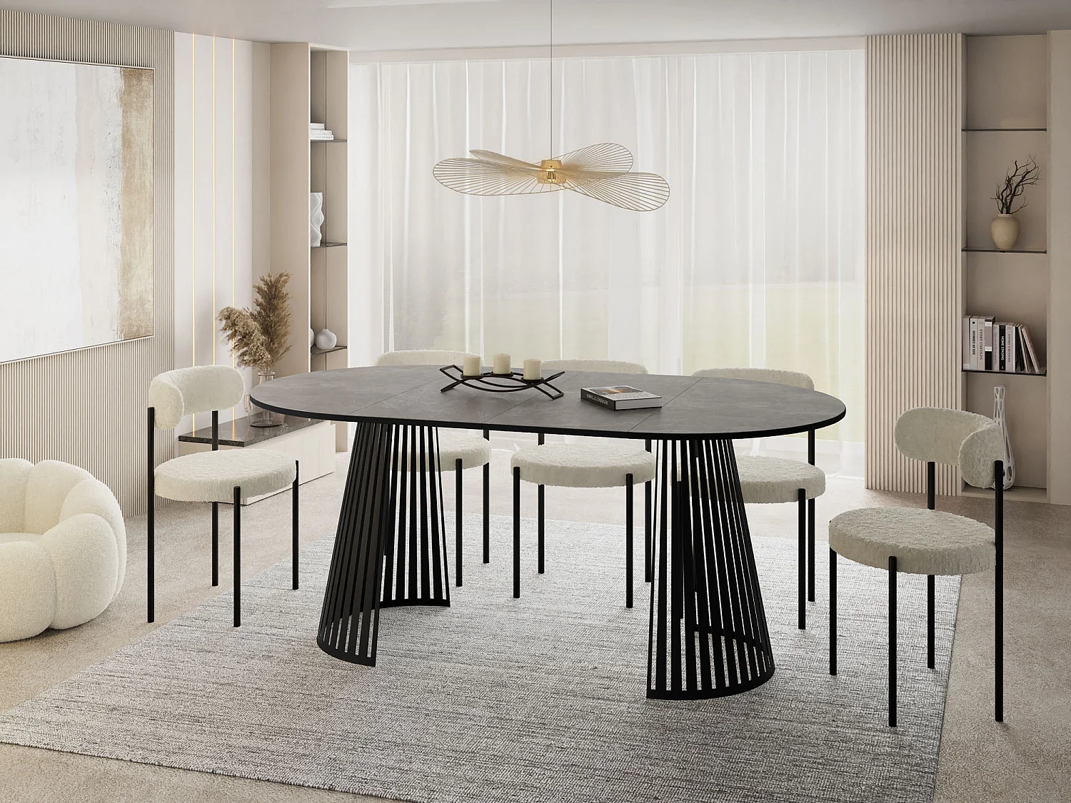 Table à Manger Ronde Extensible avec Lamelles Style Loft 120 cm – Design Industriel avec Pieds en Métal Noir, Gain de Place pour Salon – Gris Béton