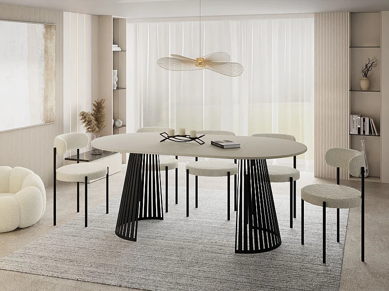 Table à Manger Ronde Extensible avec Lamelles Style Loft 100 cm – Design Industriel avec Pieds en Métal Noir, Gain de Place pour Salon – Beige Cachemire