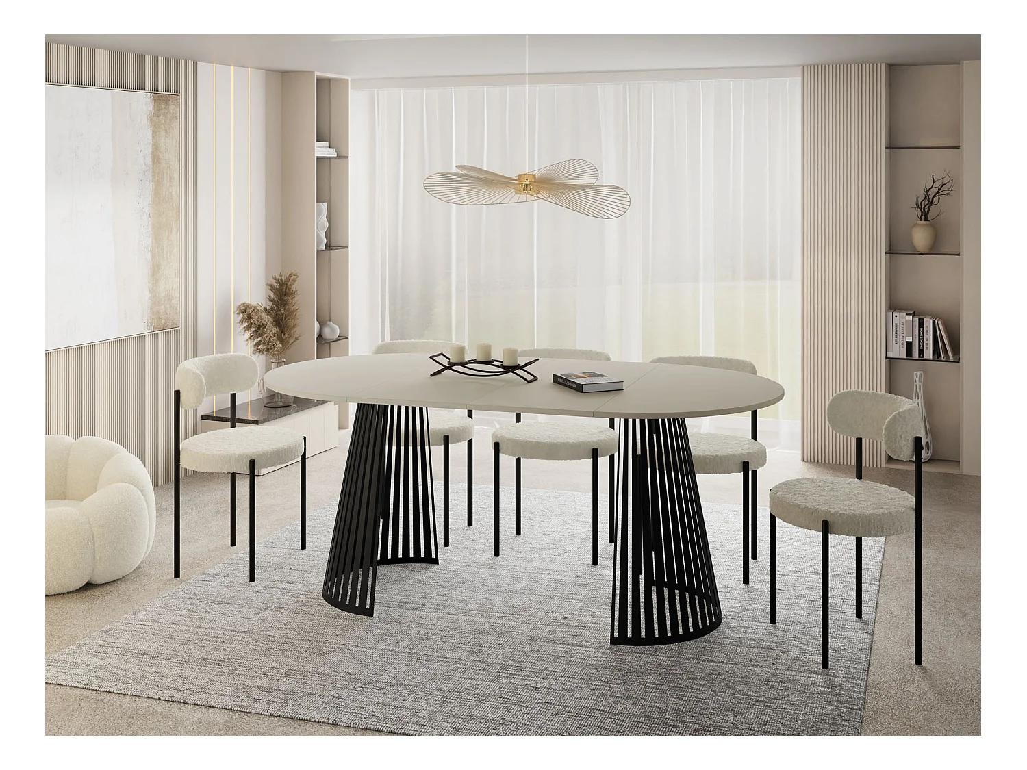 Table à Manger Ronde Extensible avec Lamelles Style Loft 100 cm – Design Industriel avec Pieds en Métal Noir, Gain de Place pour Salon – Beige Cachemire