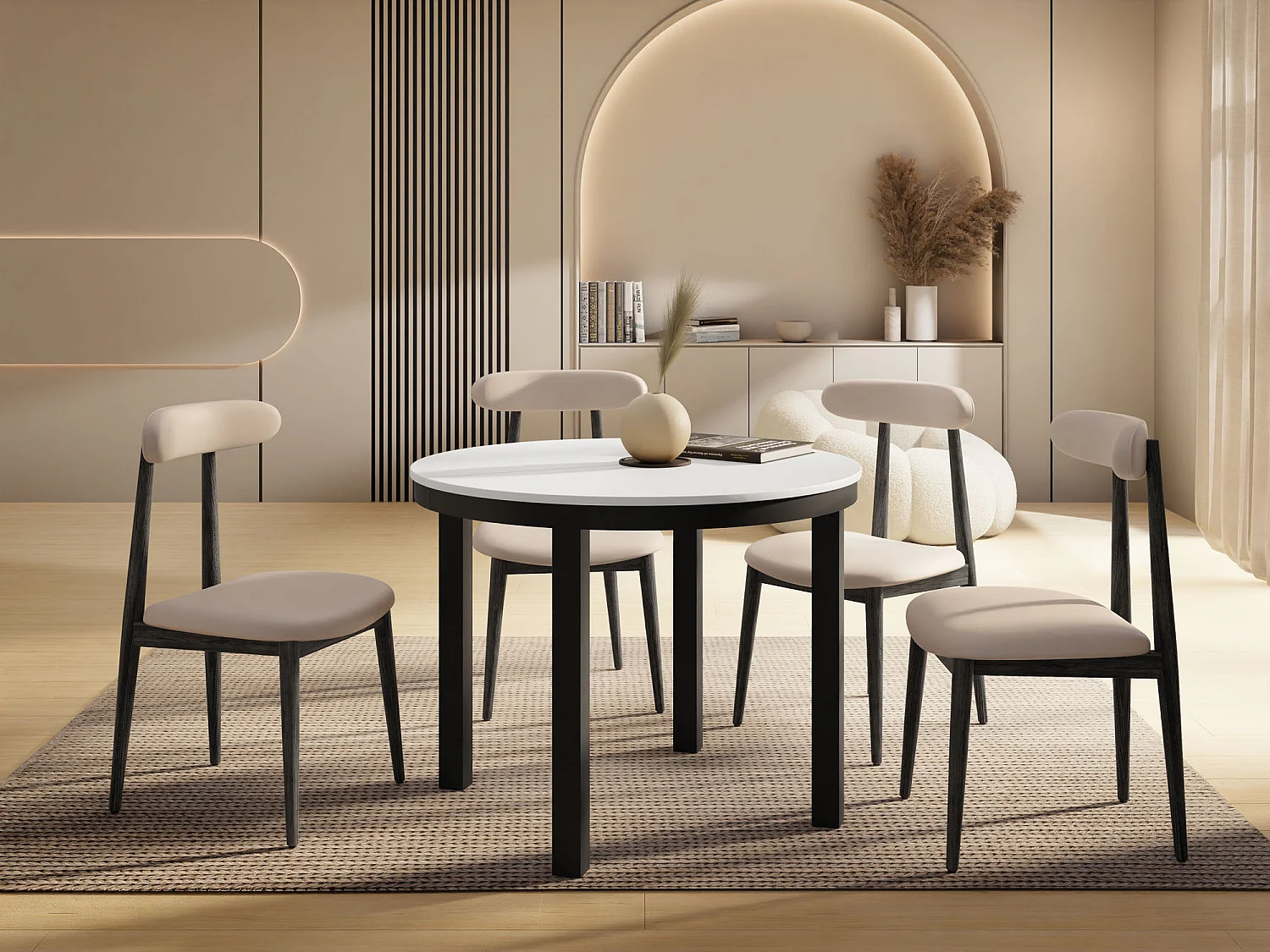 Table à Manger Ronde Extensible avec Pieds Métalliques Noirs – Table Industrielle – Table Gain de Place pour Salon ou Cuisine – 100 cm à 180 cm – Blanc