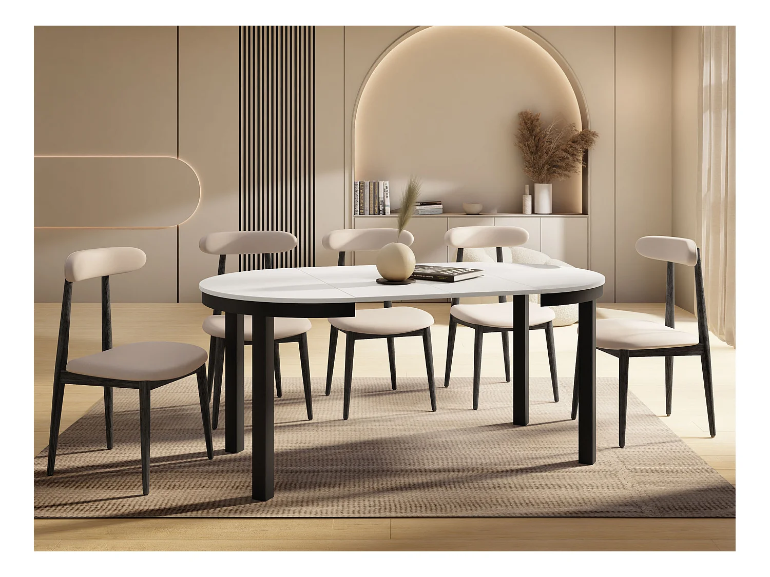 Table à Manger Ronde Extensible avec Pieds Métalliques Noirs – Table Industrielle – Table Gain de Place pour Salon ou Cuisine – 100 cm à 180 cm – Blanc