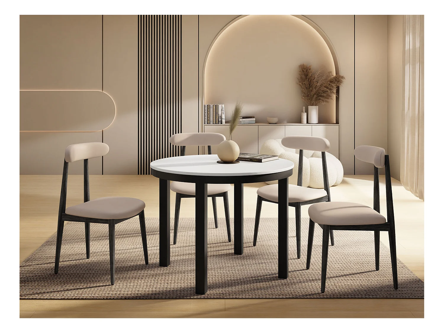 Table à Manger Ronde Extensible avec Pieds Métalliques Noirs – Table Industrielle – Table Gain de Place pour Salon ou Cuisine – 100 cm à 180 cm – Blanc