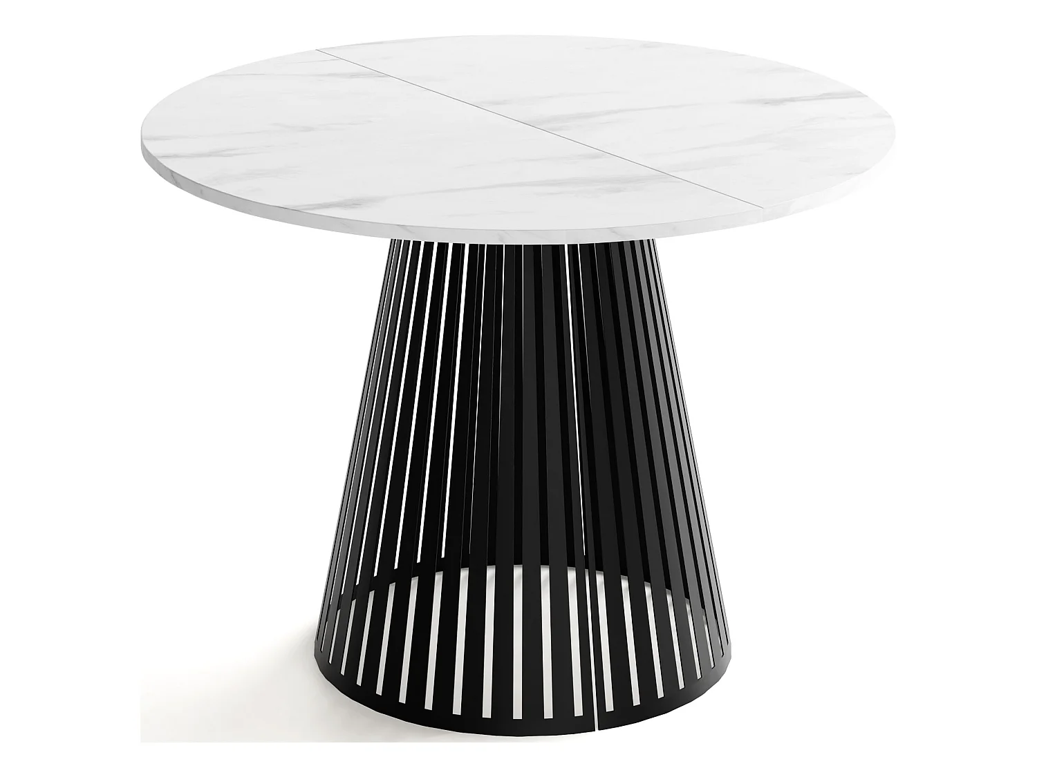 Table à Manger Ronde Extensible avec Lamelles Style Loft 120 cm – Design Industriel avec Pieds en Métal Noir, Gain de Place pour Salon – Marbre Blanc