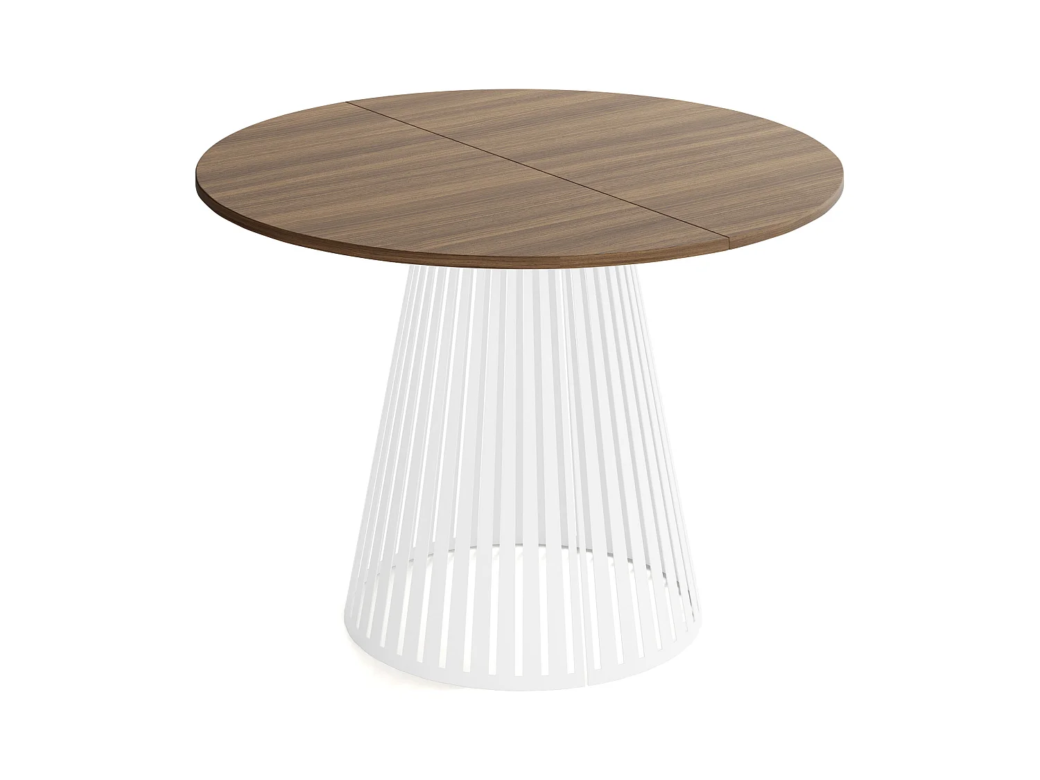 Esstisch Rund Ausziehbar mit Lamellen im Loft-Stil – 100 cm – Industrieller Tisch mit Weißen Metallbeinen, Platzsparend für Wohnzimmer – Walnuss Braun