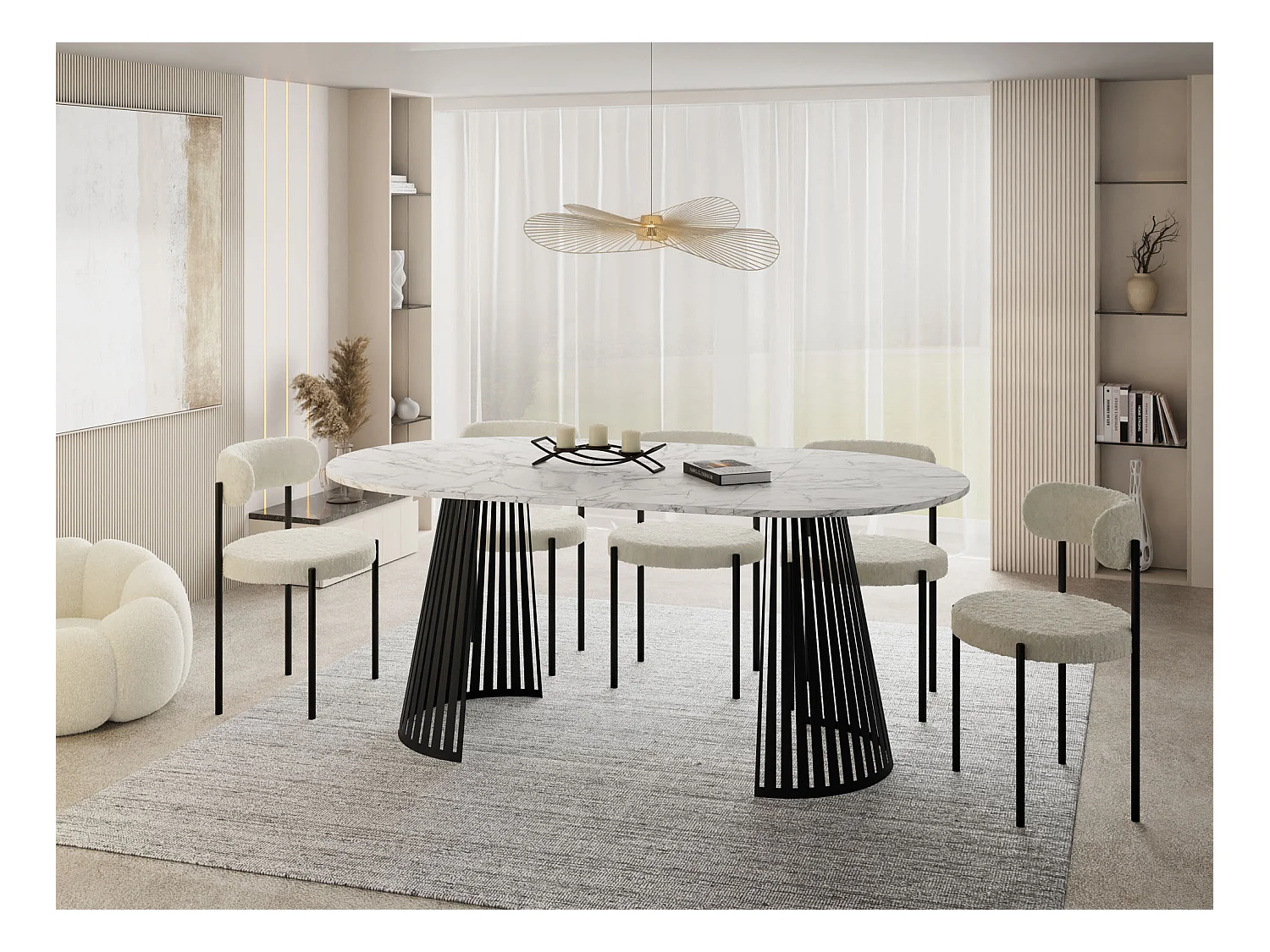 Esstisch Rund Ausziehbar mit Lamellen im Loft-Stil – 100 cm – Industrieller Tisch mit Schwarzen Metallbeinen, Platzsparend für Wohnzimmer Esszimmer – Marmor Weiß