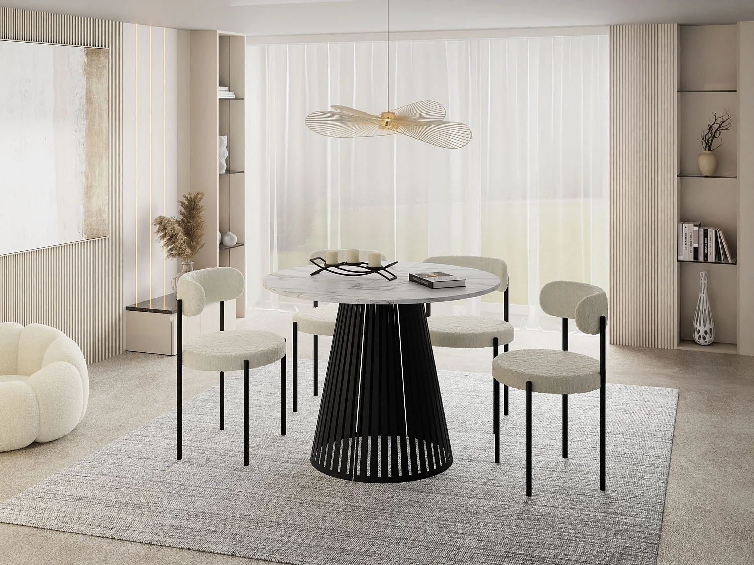 Table à Manger Ronde Extensible avec Lamelles Style Loft 100 cm – Design Industriel avec Pieds en Métal Noir, Gain de Place pour Salon Salle à Manger – Marbre Blanc