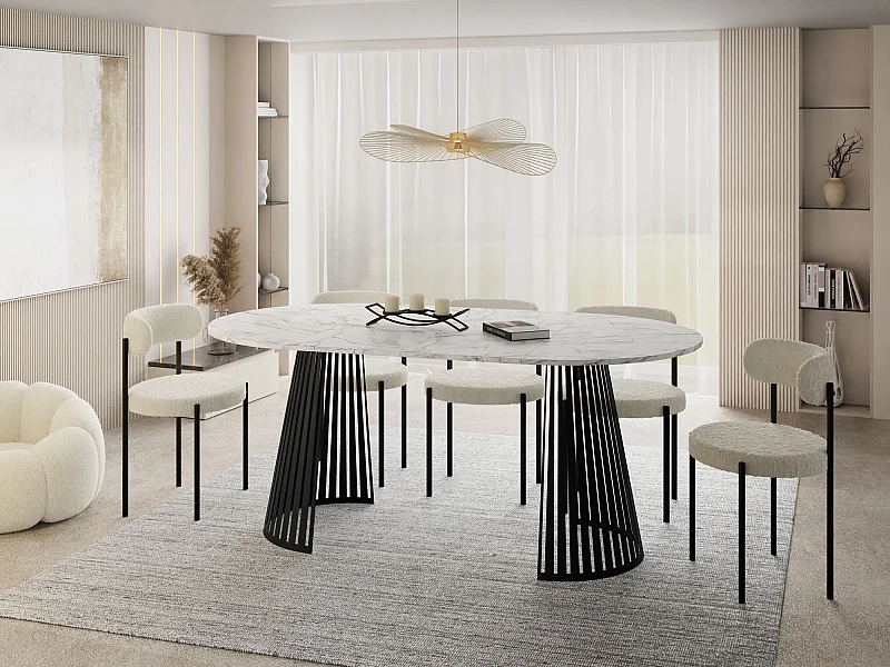 Table à Manger Ronde Extensible avec Lamelles Style Loft 100 cm – Design Industriel avec Pieds en Métal Noir, Gain de Place pour Salon Salle à Manger – Marbre Blanc