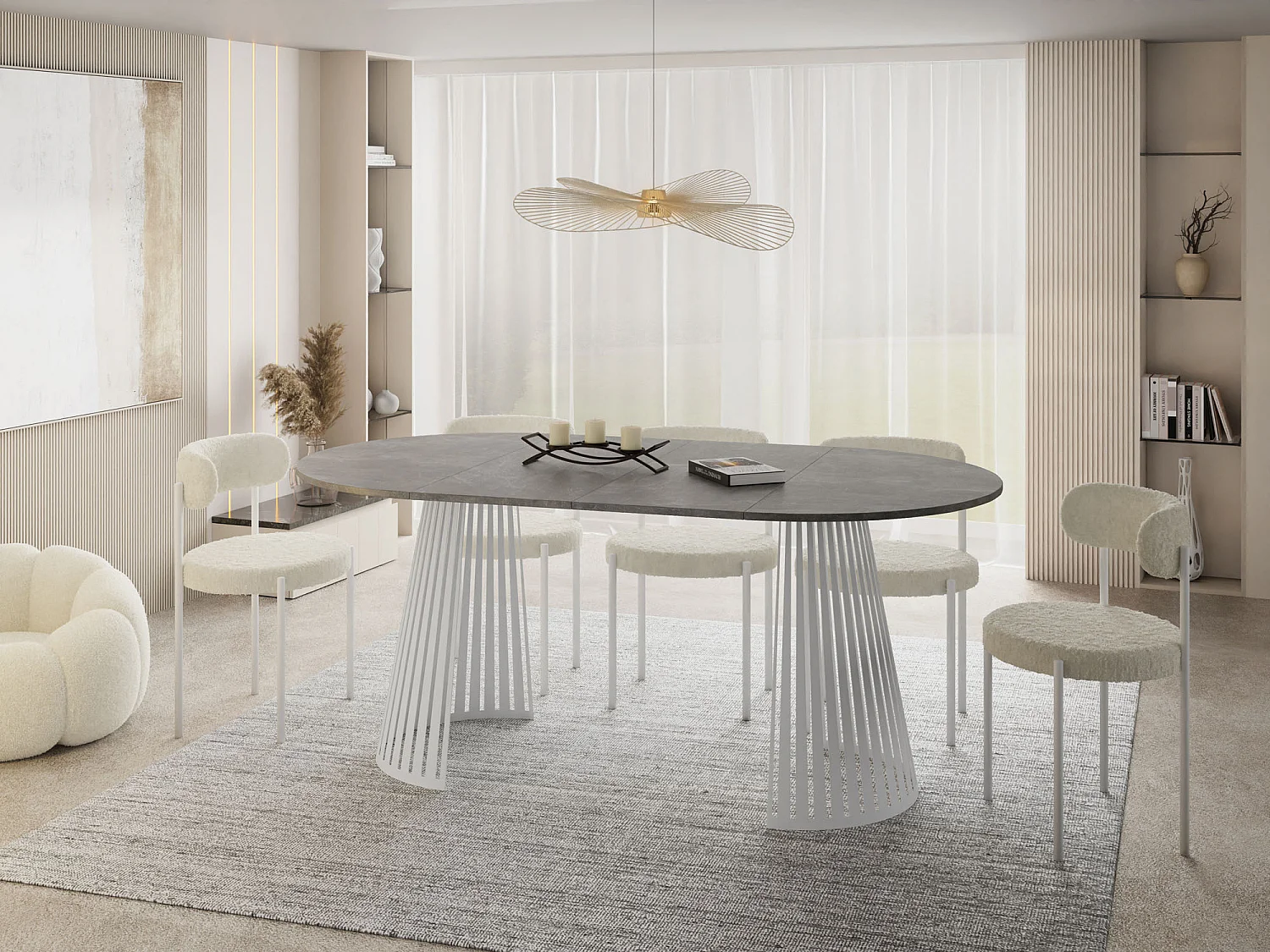 Esstisch Rund Ausziehbar mit Lamellen im Loft-Stil – 120 cm – Industrieller Tisch mit Weißen Metallbeinen, Platzsparend für Wohnzimmer Esszimmer – Grauer Beton