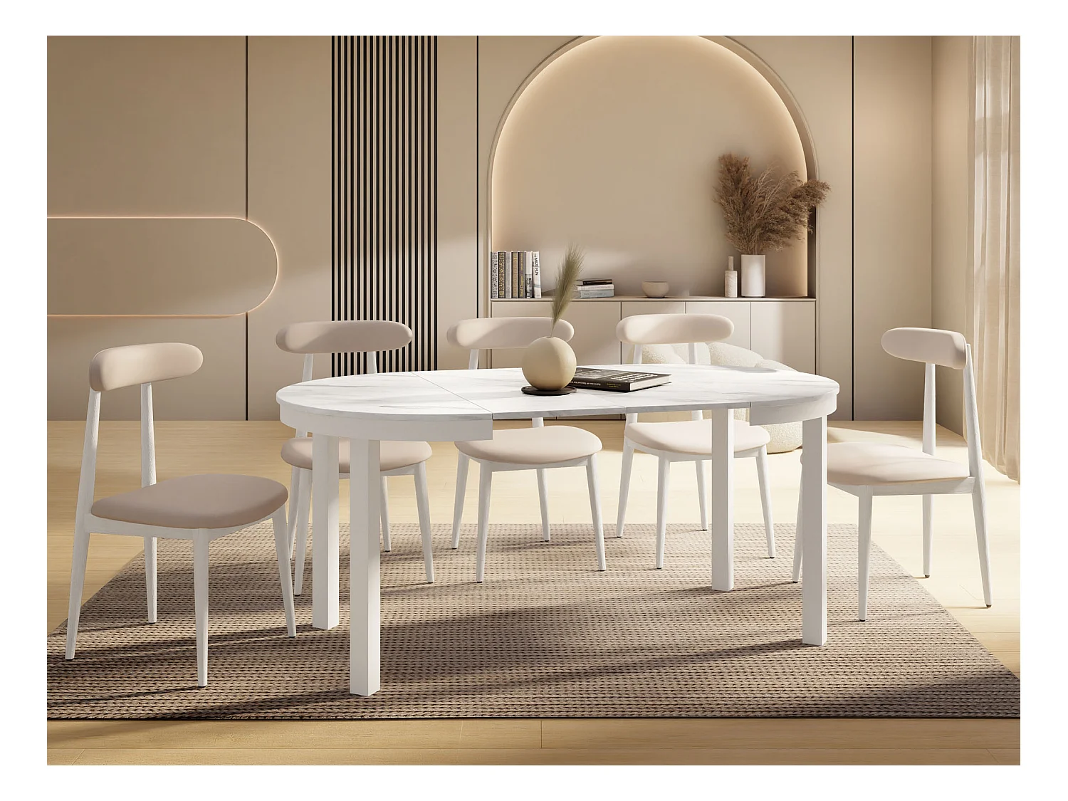 Table à Manger Ronde Extensible avec Pieds Métalliques Blancs – Table Industrielle – Table Gain de Place pour Salon ou Cuisine – 100 cm à 180 cm – Marbre Blanc