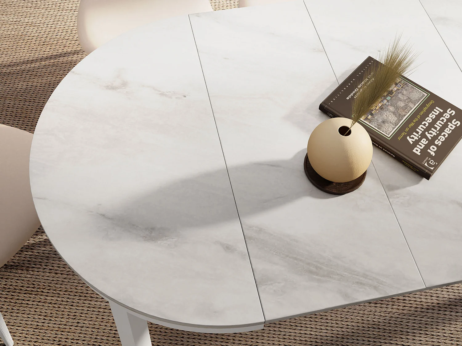 Table à Manger Ronde Extensible avec Pieds Métalliques Blancs – Table Industrielle – Table Gain de Place pour Salon ou Cuisine – 100 cm à 180 cm – Marbre Blanc