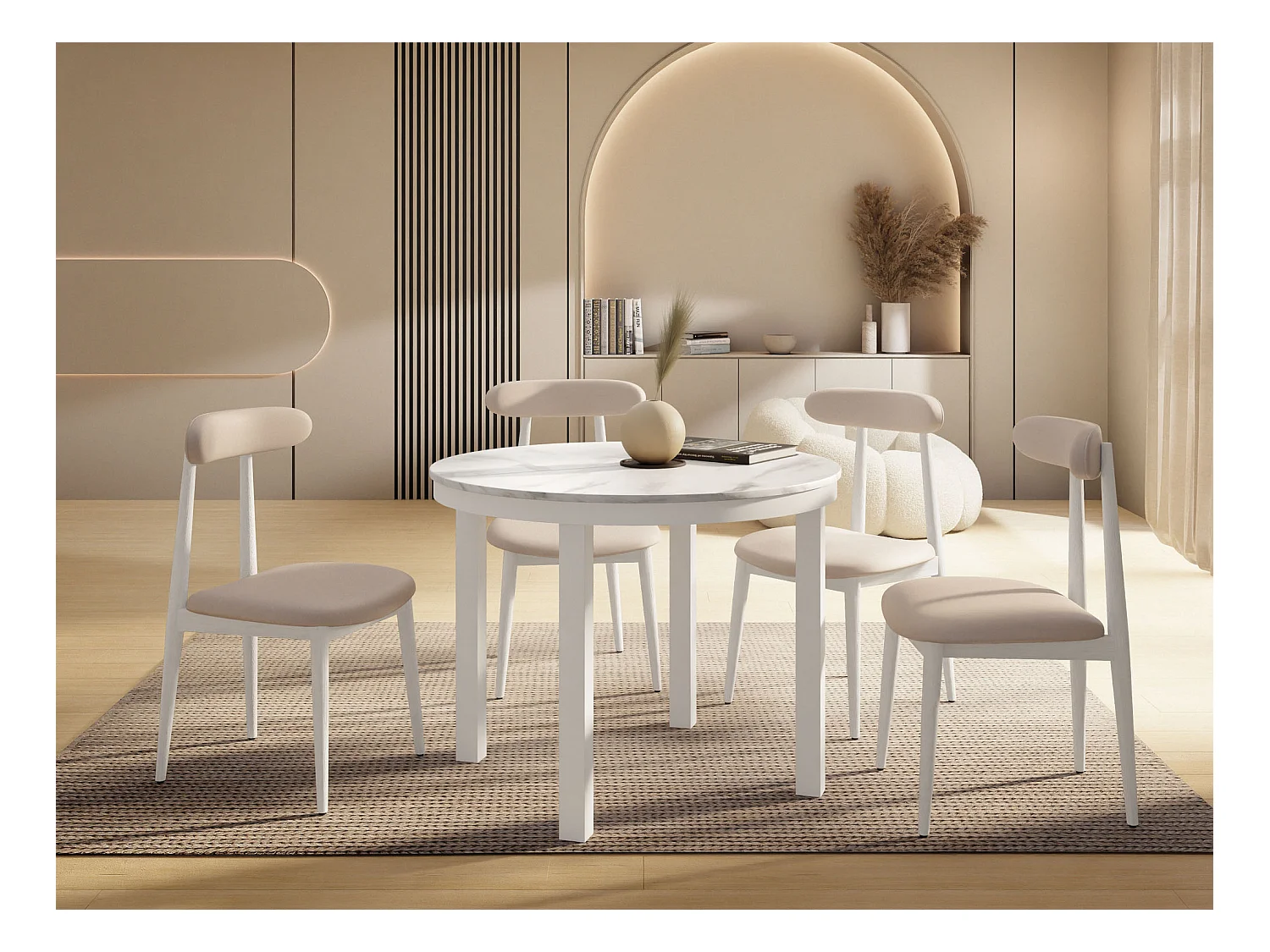 Table à Manger Ronde Extensible avec Pieds Métalliques Blancs – Table Industrielle – Table Gain de Place pour Salon ou Cuisine – 100 cm à 180 cm – Marbre Blanc