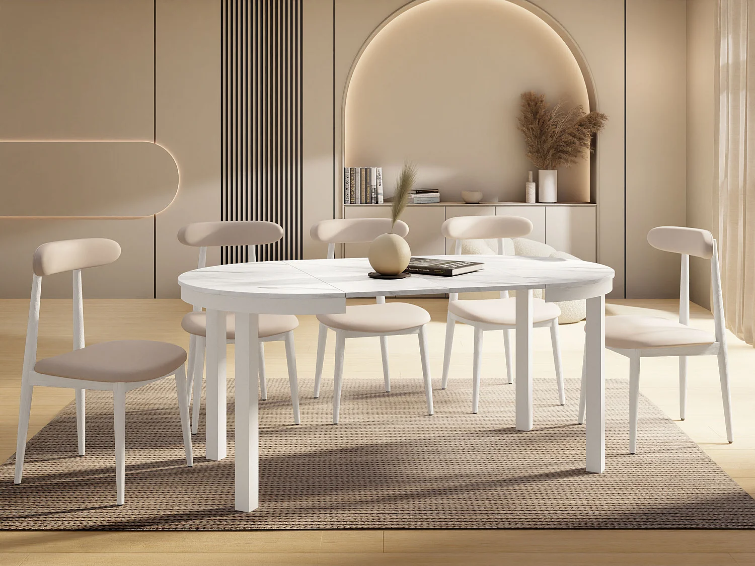 Runder Ausziehbarer Esstisch mit Weißem Metallgestell – Platzsparender Tisch im Loft-Stil für Wohnzimmer – Weißer Marmor mit Weißen Metallbeinen – 100 bis 180 cm