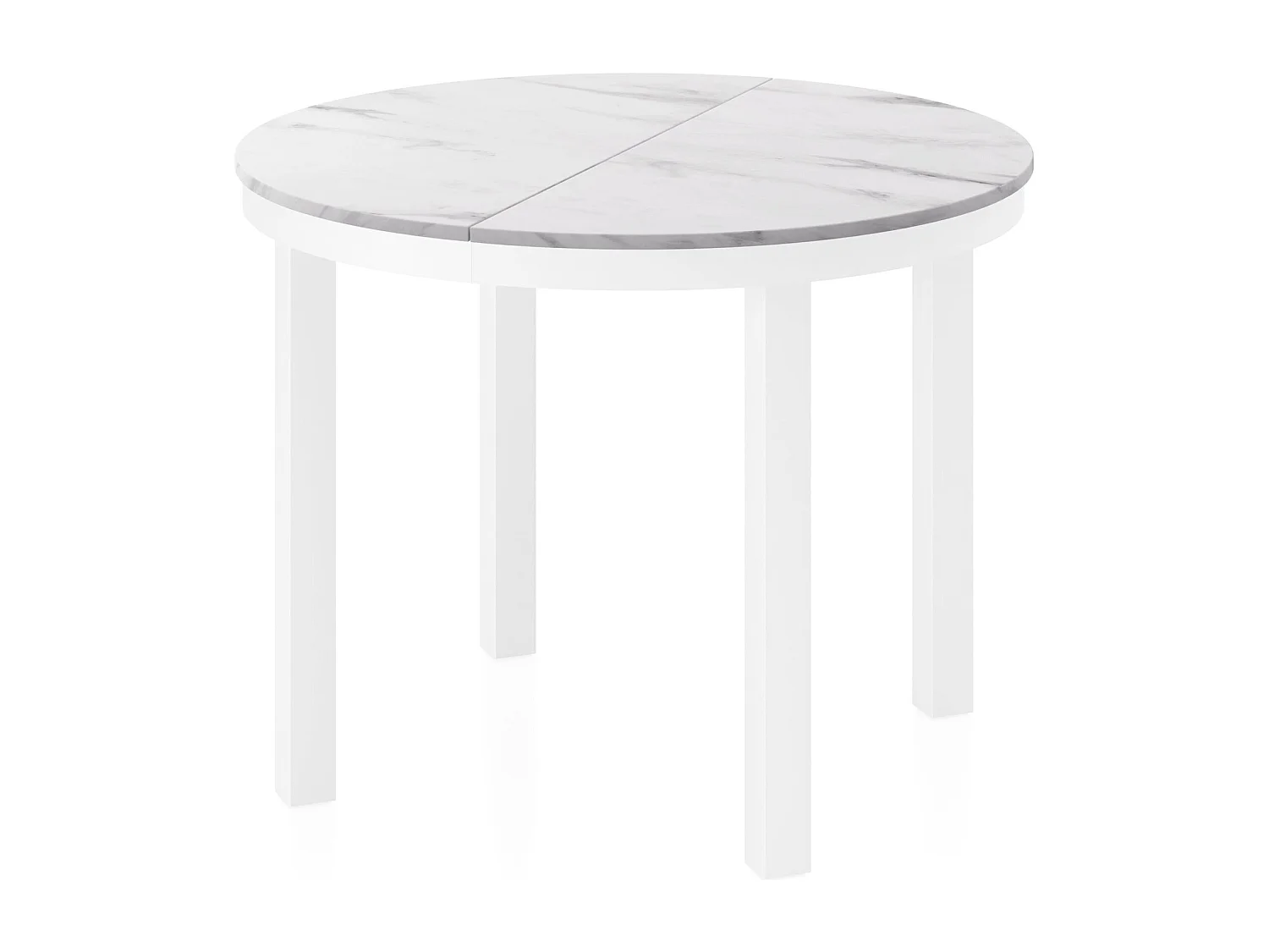 Runder Ausziehbarer Esstisch mit Weißem Metallgestell – Platzsparender Tisch im Loft-Stil für Wohnzimmer – Weißer Marmor mit Weißen Metallbeinen – 100 bis 180 cm