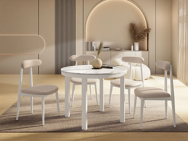 Table à Manger Ronde Extensible avec Pieds Métalliques Blancs – Table Industrielle – Table Gain de Place pour Salon ou Cuisine – 100 cm à 180 cm – Marbre Blanc