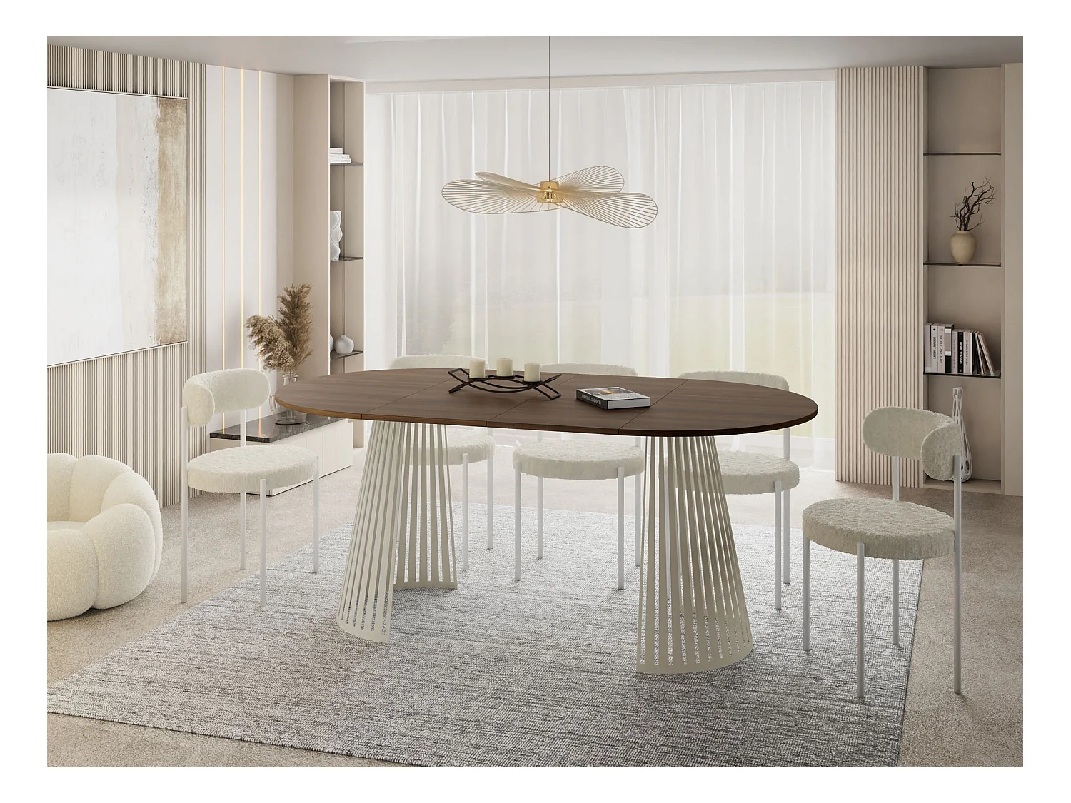 Esstisch Rund Ausziehbar mit Lamellen im Loft-Stil – 120 cm – Industrieller Tisch mit Metallbeinen in Beige Cashmere, Platzsparend für Wohnzimmer – Walnuss Braun