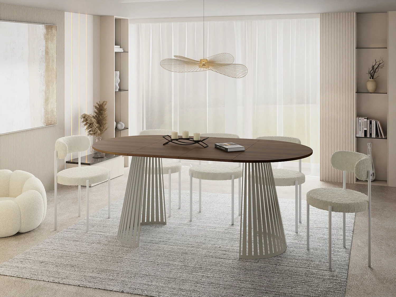 Esstisch Rund Ausziehbar mit Lamellen im Loft-Stil – 120 cm – Industrieller Tisch mit Metallbeinen in Grau-Beige, Platzsparend für Wohnzimmer – Walnuss Braun