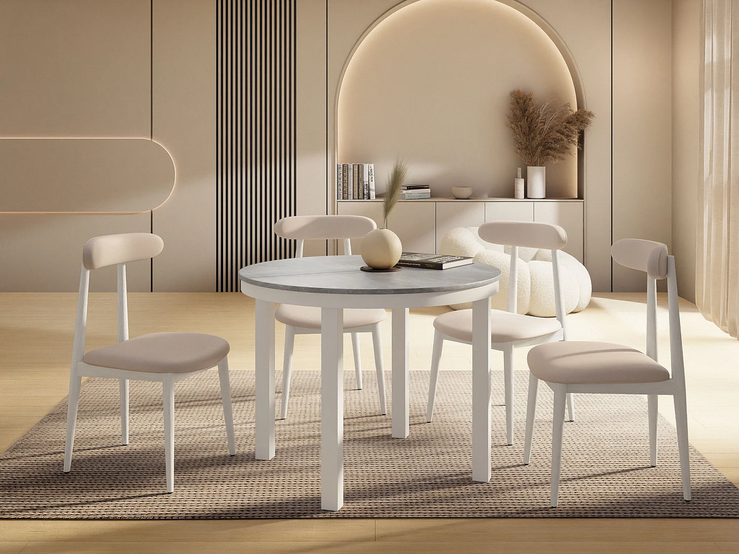 Table à Manger Ronde Extensible avec Pieds Métalliques Blancs – Table Industrielle – Table Gain de Place pour Salon ou Cuisine – 100 cm à 180 cm – Gris Béton