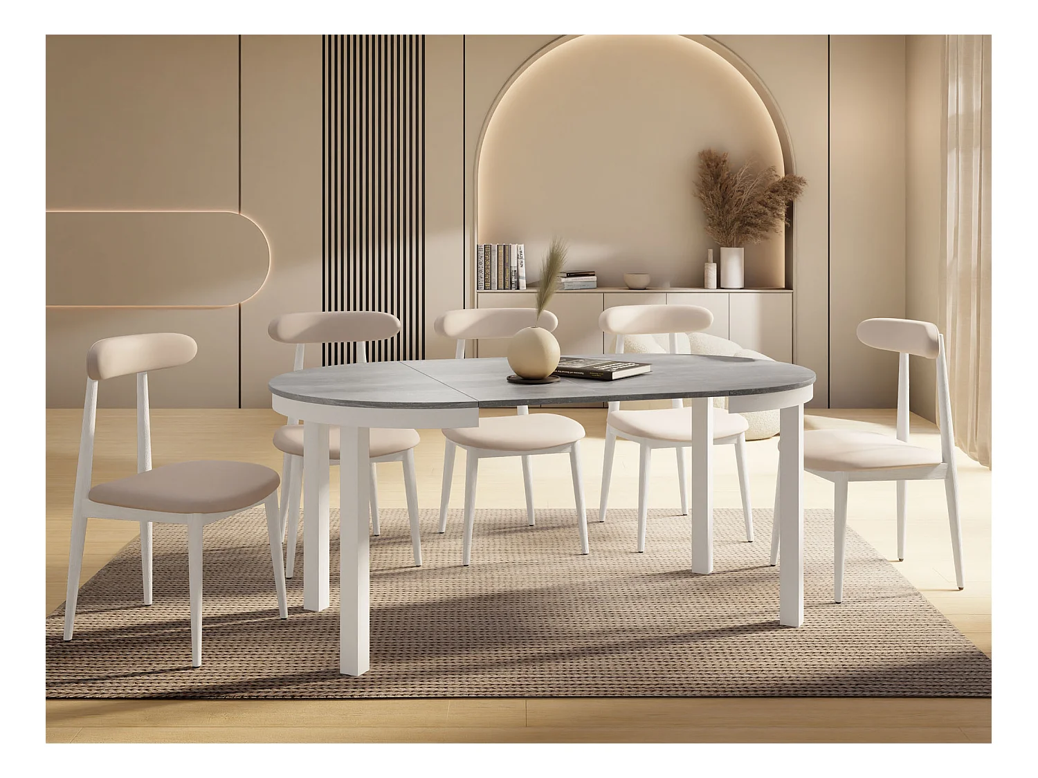 Table à Manger Ronde Extensible avec Pieds Métalliques Blancs – Table Industrielle – Table Gain de Place pour Salon ou Cuisine – 100 cm à 180 cm – Gris Béton