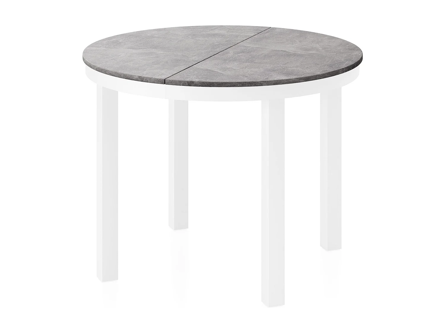 Runder Ausziehbarer Esstisch mit Weißem Metallgestell – Platzsparender Tisch im Loft-Stil für Wohnzimmer – Grauer Beton mit Weißen Metallbeinen – 100 bis 180 cm