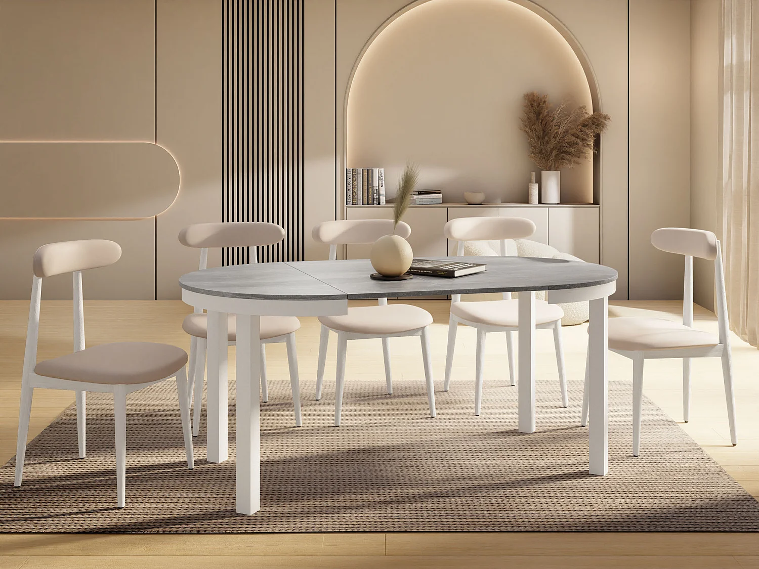 Runder Ausziehbarer Esstisch mit Weißem Metallgestell – Platzsparender Tisch im Loft-Stil für Wohnzimmer – Grauer Beton mit Weißen Metallbeinen – 100 bis 180 cm