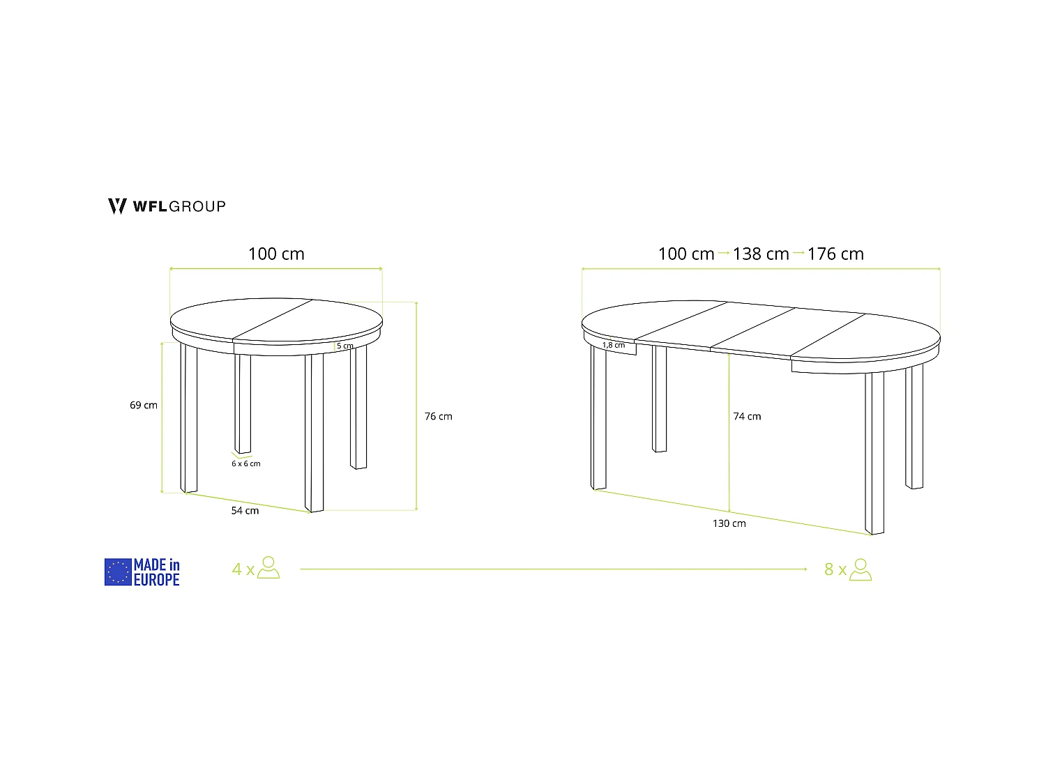 Table à Manger Ronde Extensible avec Pieds Métalliques Noirs – Table Industrielle – Table Gain de Place pour Salon ou Cuisine – 100 cm à 180 cm – Chêne Lefkas