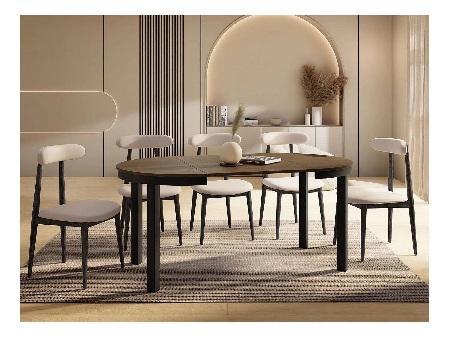 Table à Manger Ronde Extensible avec Pieds Métalliques Noirs – Table Industrielle – Table Gain de Place pour Salon ou Cuisine – 100 cm à 180 cm – Chêne Lefkas