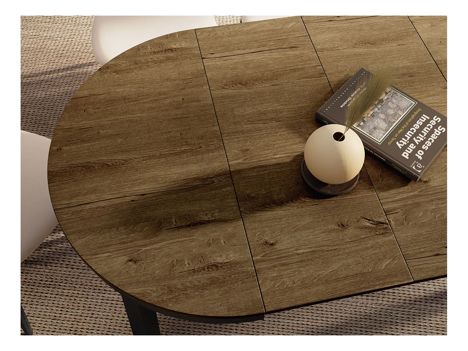 Table à Manger Ronde Extensible avec Pieds Métalliques Noirs – Table Industrielle – Table Gain de Place pour Salon ou Cuisine – 100 cm à 180 cm – Chêne Lefkas