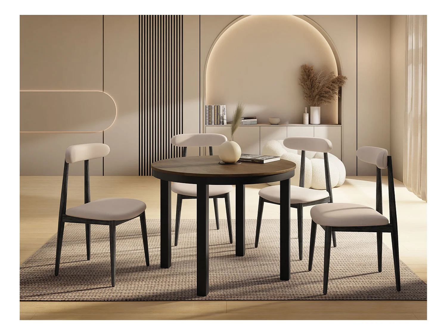 Runder Ausziehbarer Esstisch mit Schwarzem Metallgestell – Platzsparender Tisch im Loft-Stil – Lefkas Eiche mit Schwarzen Metallbeinen – 100 bis 180 cm