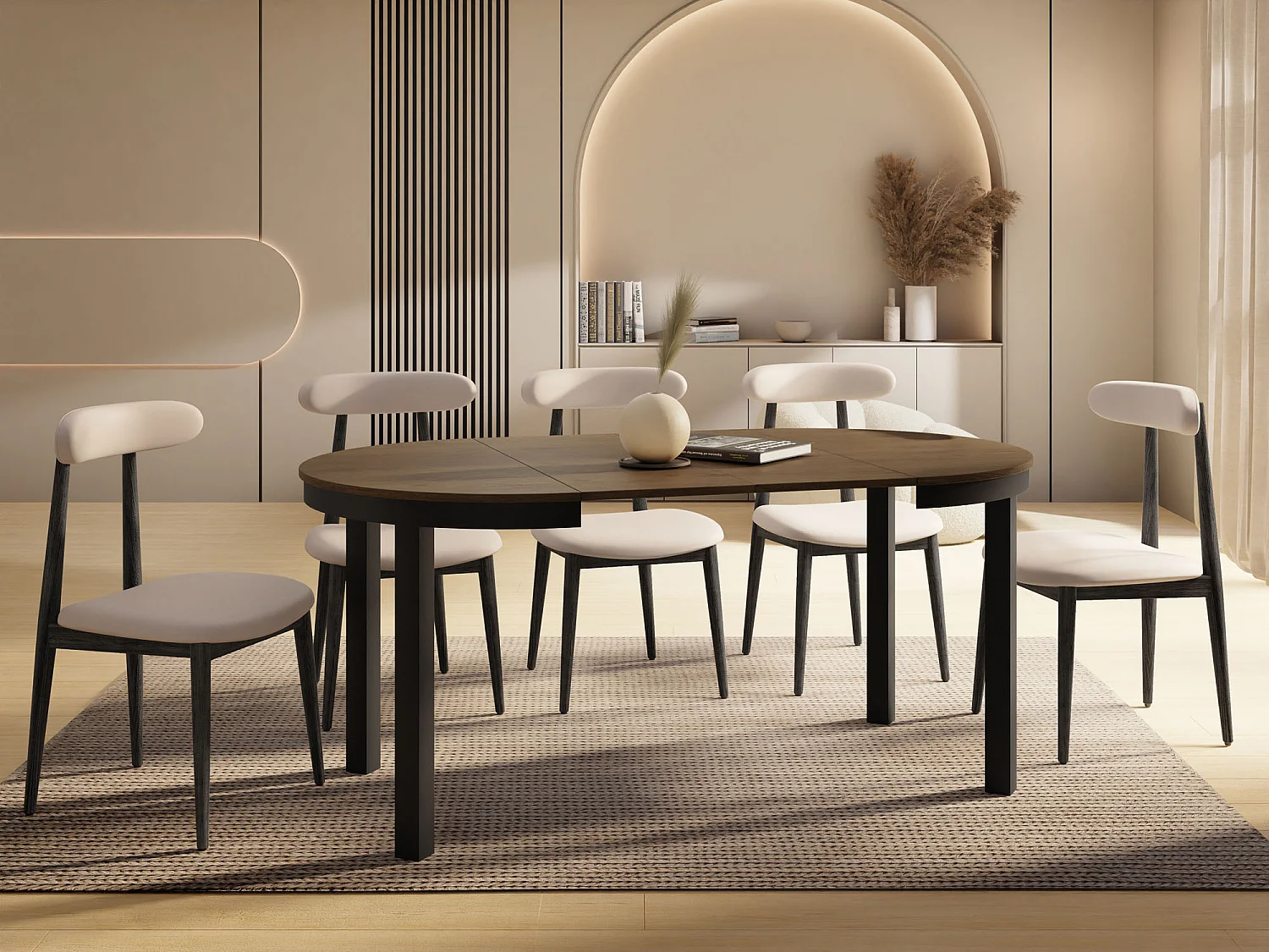 Runder Ausziehbarer Esstisch mit Schwarzem Metallgestell – Platzsparender Tisch im Loft-Stil – Lefkas Eiche mit Schwarzen Metallbeinen – 100 bis 180 cm