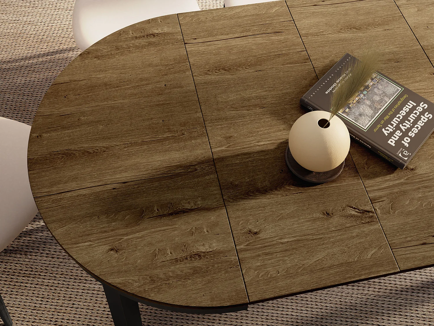 Runder Ausziehbarer Esstisch mit Schwarzem Metallgestell – Platzsparender Tisch im Loft-Stil – Lefkas Eiche mit Schwarzen Metallbeinen – 100 bis 180 cm