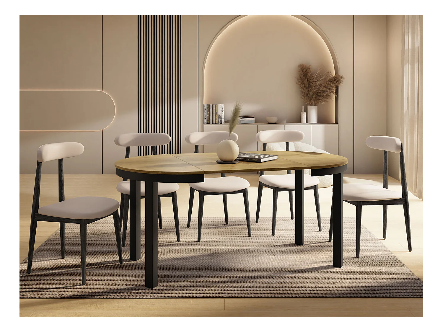 Table à Manger Ronde Extensible avec Pieds Métalliques Noirs – Table Industrielle – Table Gain de Place pour Salon ou Cuisine – 100 cm à 180 cm – Chêne Lancelot