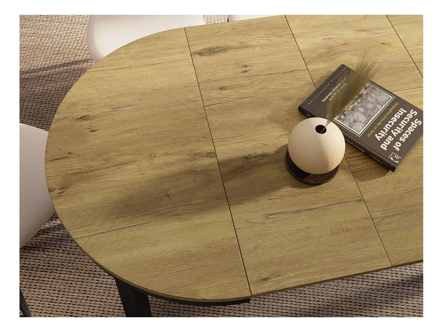 Table à Manger Ronde Extensible avec Pieds Métalliques Noirs – Table Industrielle – Table Gain de Place pour Salon ou Cuisine – 100 cm à 180 cm – Chêne Lancelot