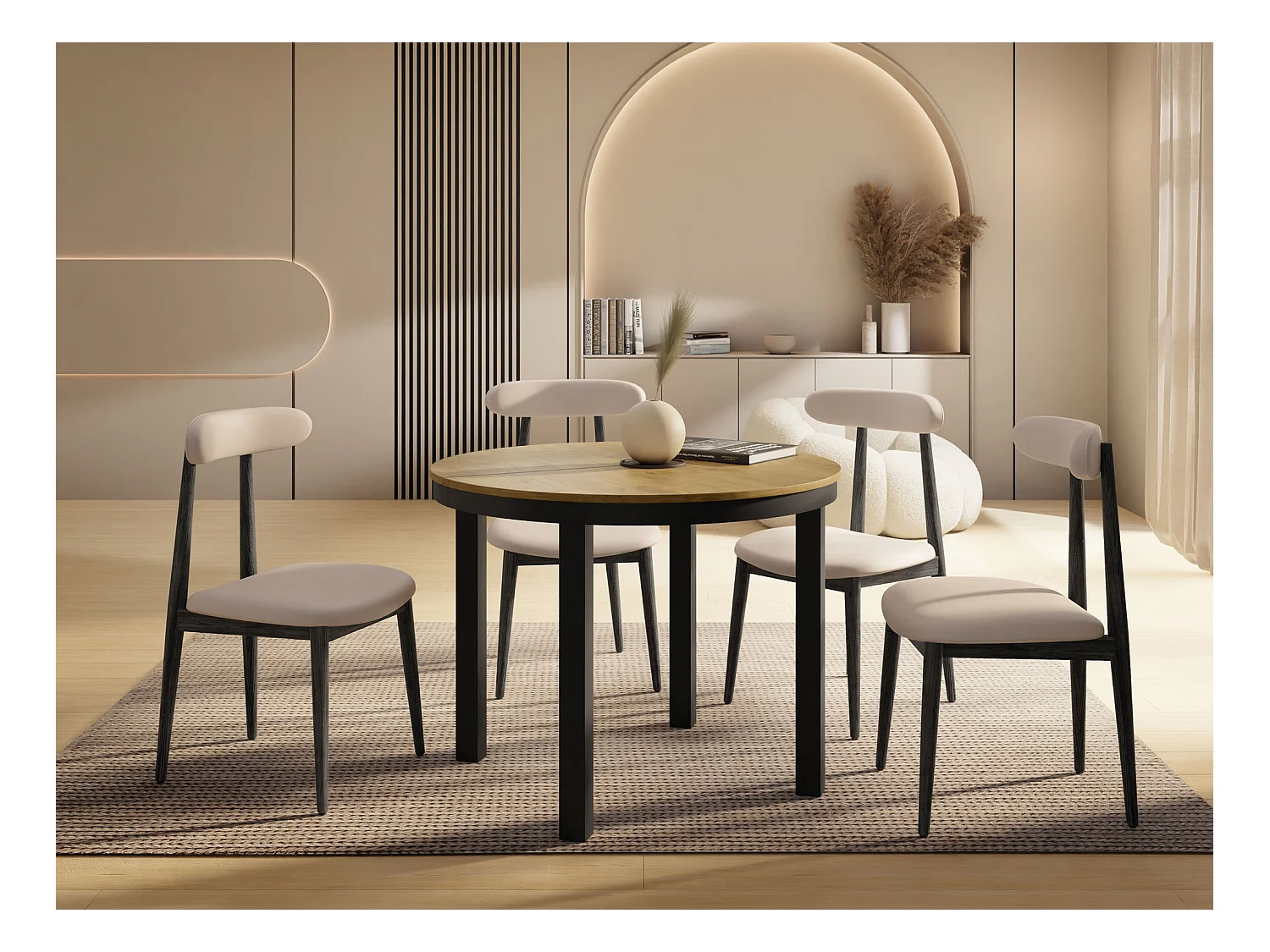 Runder Ausziehbarer Esstisch mit Schwarzem Metallgestell – Platzsparender Tisch im Loft-Stil – Lancelot Eiche mit Schwarzen Metallbeinen – 100 bis 180 cm