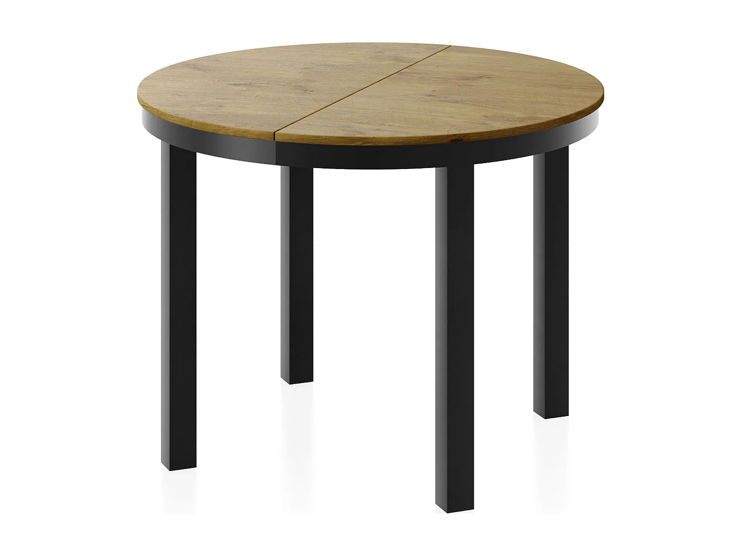 Runder Ausziehbarer Esstisch mit Schwarzem Metallgestell – Platzsparender Tisch im Loft-Stil – Lancelot Eiche mit Schwarzen Metallbeinen – 100 bis 180 cm