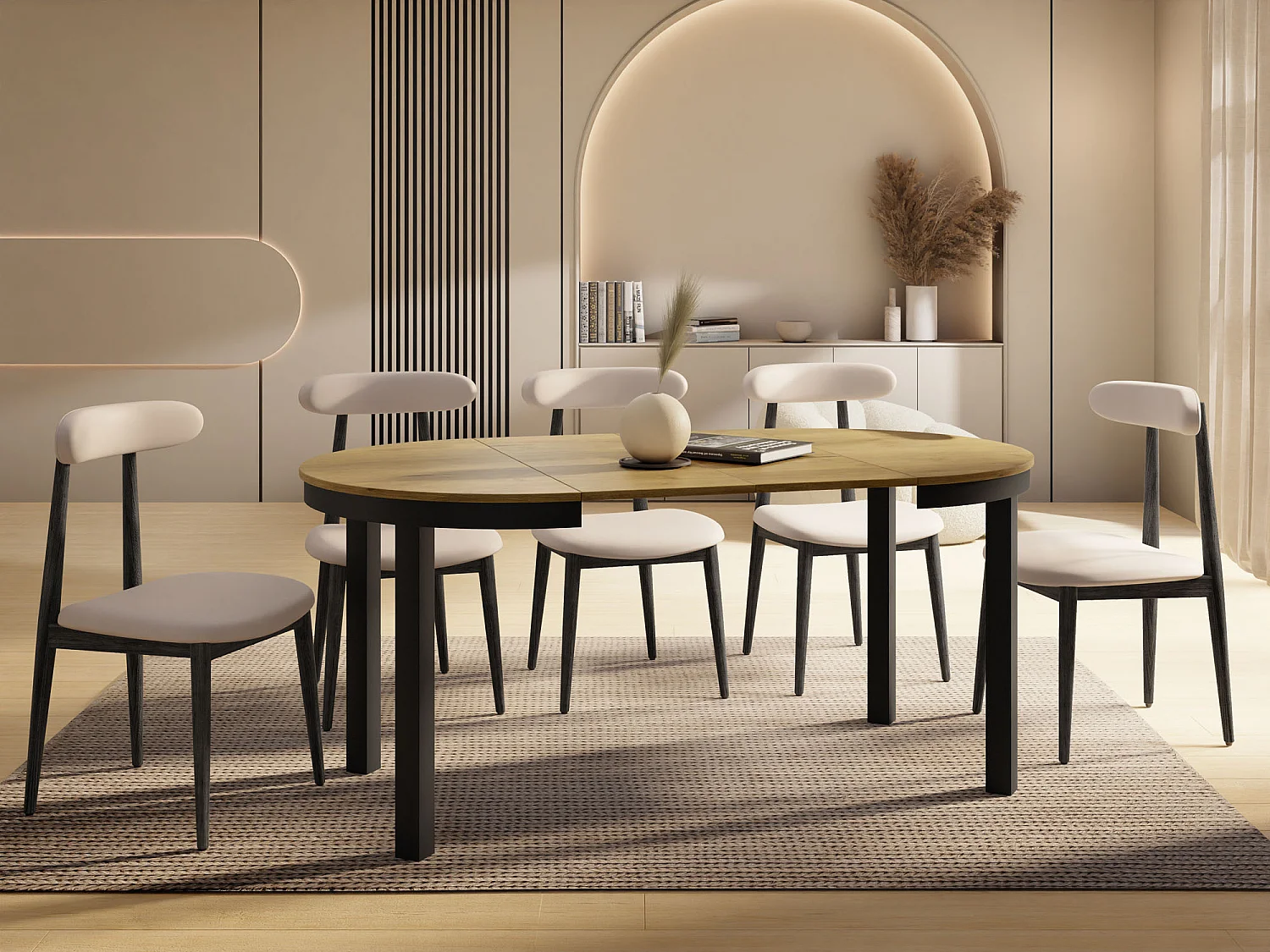 Runder Ausziehbarer Esstisch mit Schwarzem Metallgestell – Platzsparender Tisch im Loft-Stil – Lancelot Eiche mit Schwarzen Metallbeinen – 100 bis 180 cm