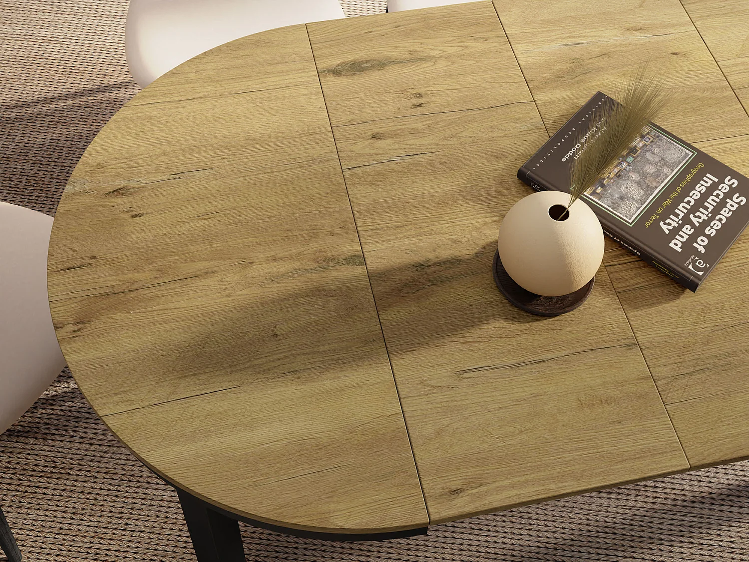 Runder Ausziehbarer Esstisch mit Schwarzem Metallgestell – Platzsparender Tisch im Loft-Stil – Lancelot Eiche mit Schwarzen Metallbeinen – 100 bis 180 cm