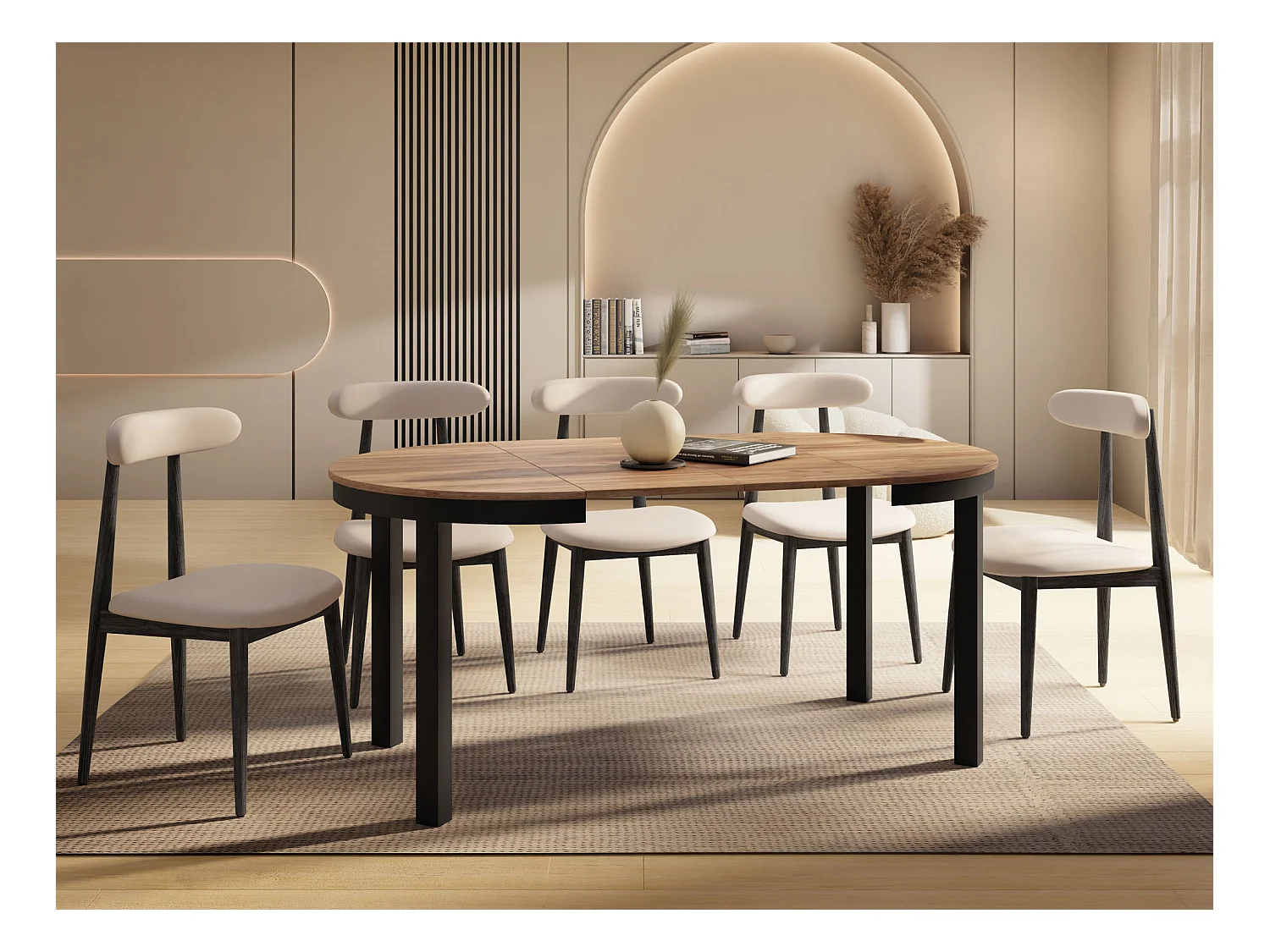 Table à Manger Ronde Extensible avec Pieds Métalliques Noirs – Table Industrielle – Table Gain de Place pour Salon ou Cuisine – 100 cm à 180 cm – Chêne Craft