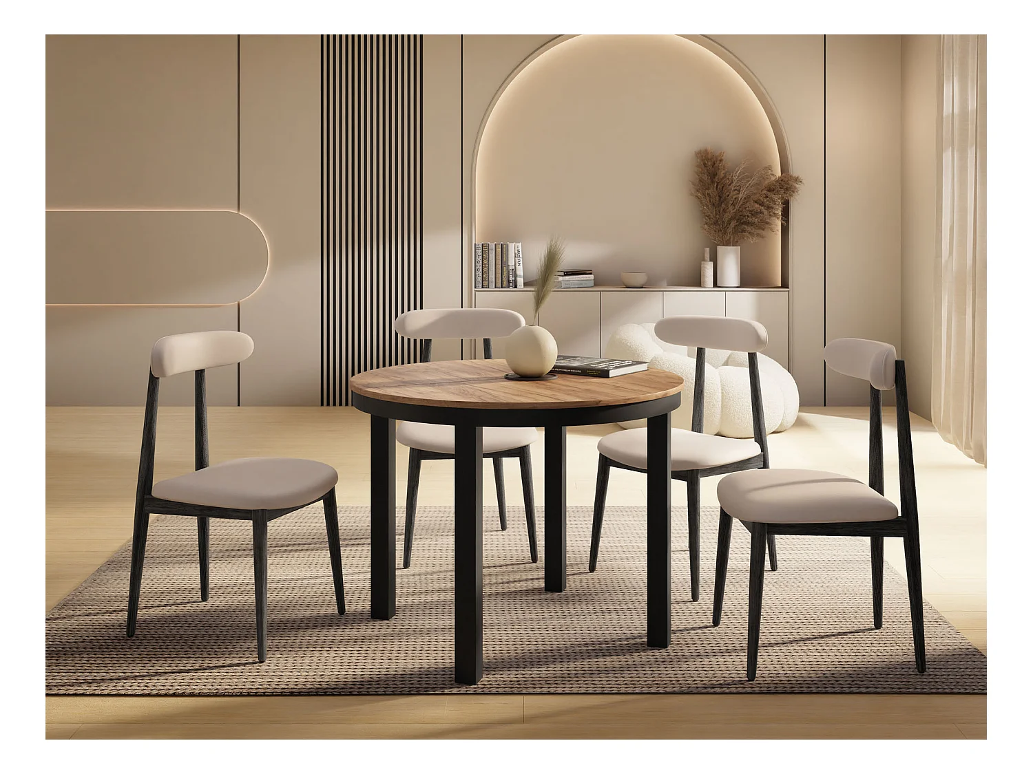 Runder Ausziehbarer Esstisch mit Schwarzem Metallgestell – Platzsparender Tisch im Loft-Stil – Craft Eiche mit Schwarzen Metallbeinen – 100 bis 180 cm