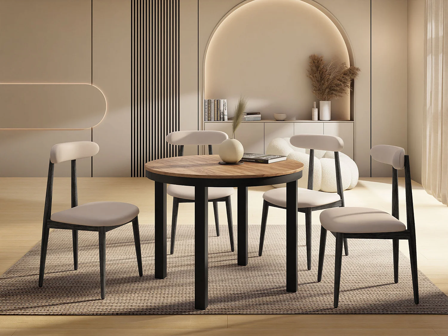 Runder Ausziehbarer Esstisch mit Schwarzem Metallgestell – Platzsparender Tisch im Loft-Stil – Craft Eiche mit Schwarzen Metallbeinen – 100 bis 180 cm