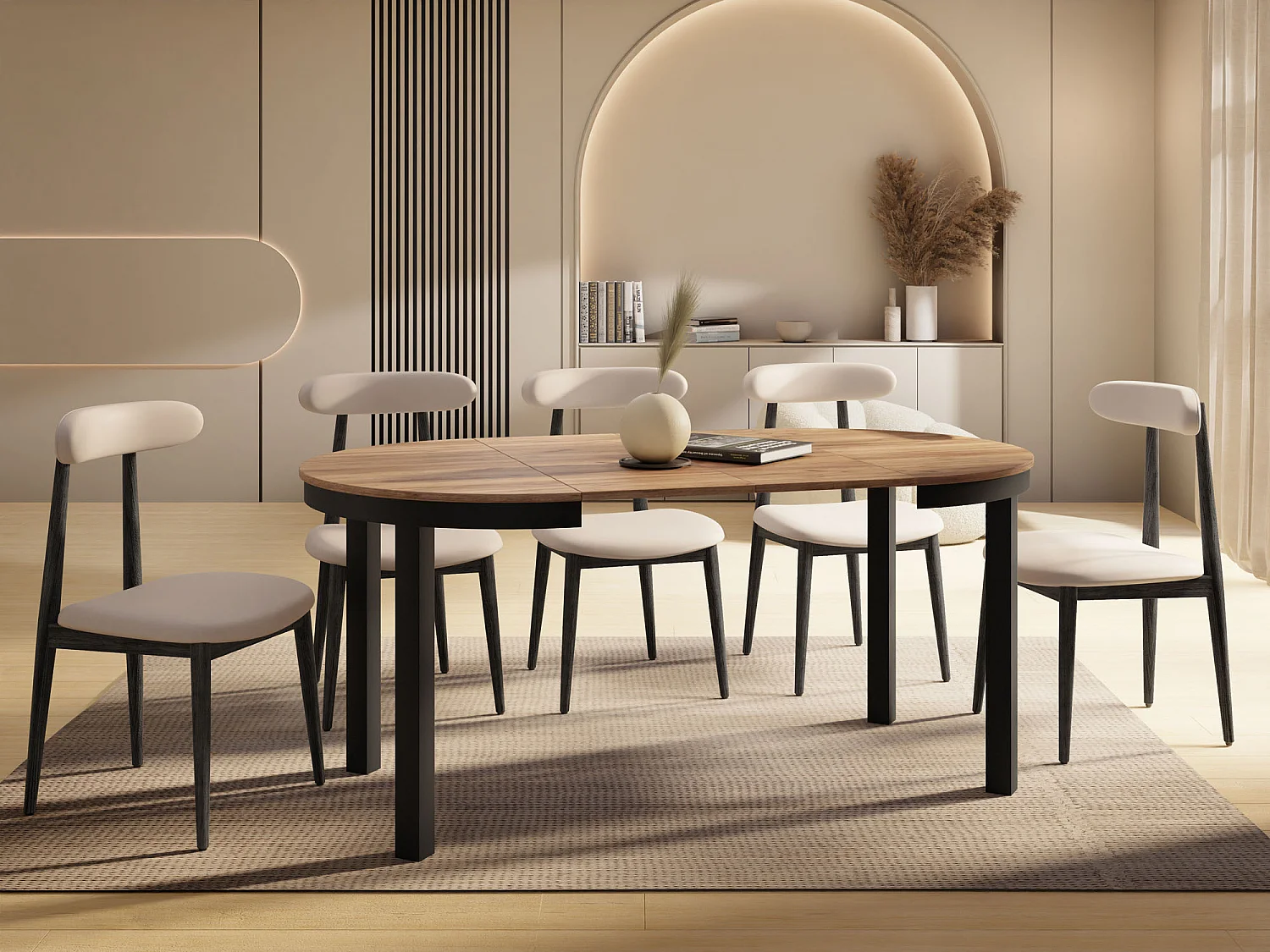 Runder Ausziehbarer Esstisch mit Schwarzem Metallgestell – Platzsparender Tisch im Loft-Stil – Craft Eiche mit Schwarzen Metallbeinen – 100 bis 180 cm