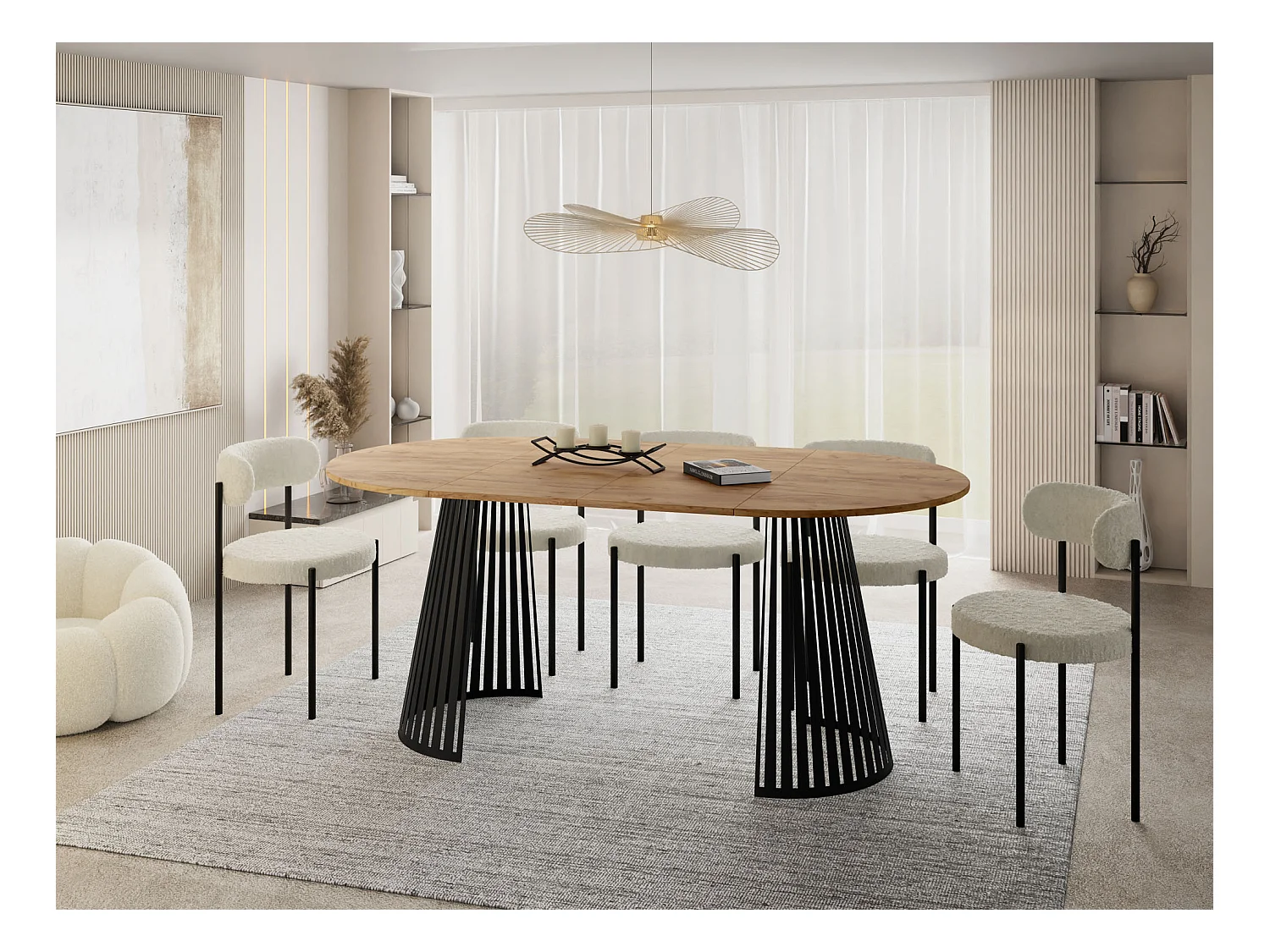 Esstisch Rund Ausziehbar mit Lamellen im Loft-Stil – 120 cm – Industrieller Tisch mit Schwarzen Metallbeinen, Platzsparend für Wohnzimmer Esszimmer – Braun