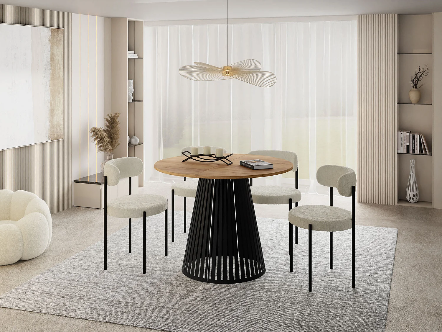 Esstisch Rund Ausziehbar mit Lamellen im Loft-Stil – 120 cm – Industrieller Tisch mit Schwarzen Metallbeinen, Platzsparend für Wohnzimmer Esszimmer – Braun