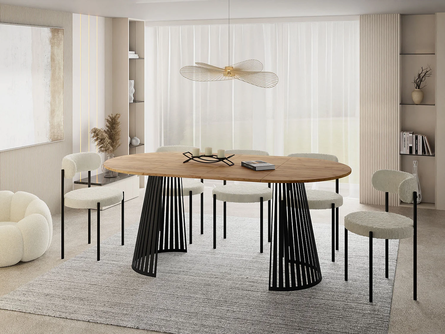 Esstisch Rund Ausziehbar mit Lamellen im Loft-Stil – 120 cm – Industrieller Tisch mit Schwarzen Metallbeinen, Platzsparend für Wohnzimmer Esszimmer – Braun