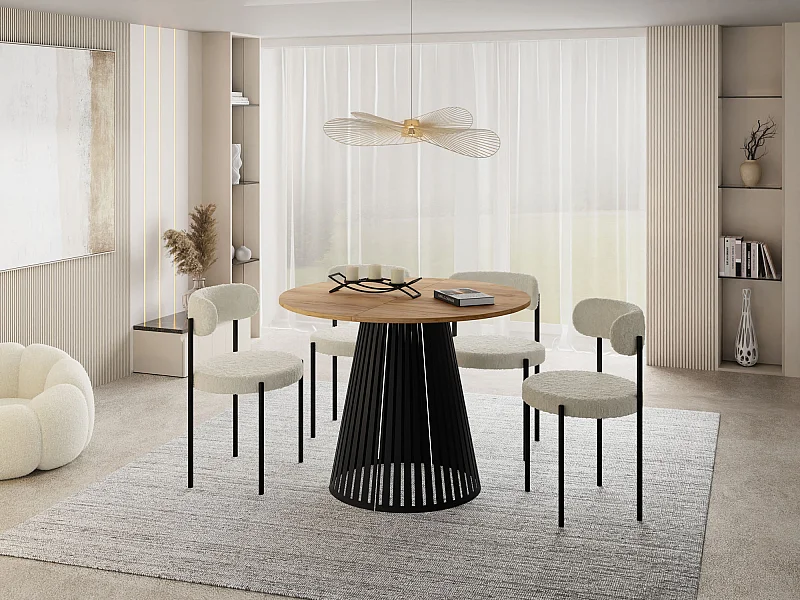 Esstisch Rund Ausziehbar mit Lamellen im Loft-Stil – 120 cm – Industrieller Tisch mit Schwarzen Metallbeinen, Platzsparend für Wohnzimmer Esszimmer – Braun